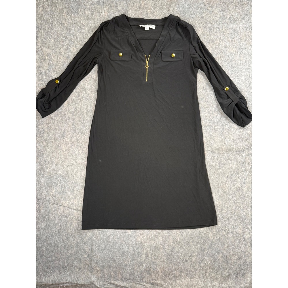 Emma‎ & Michele Dress Womens Medium Black Knit Zip V-Neck Roll Tab Sleeve M